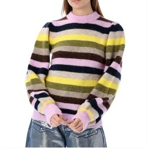 GANNI‎ Puff Sleeve Striped Sweater Size S Alpaca Merino Wool Purple Yellow Knit
